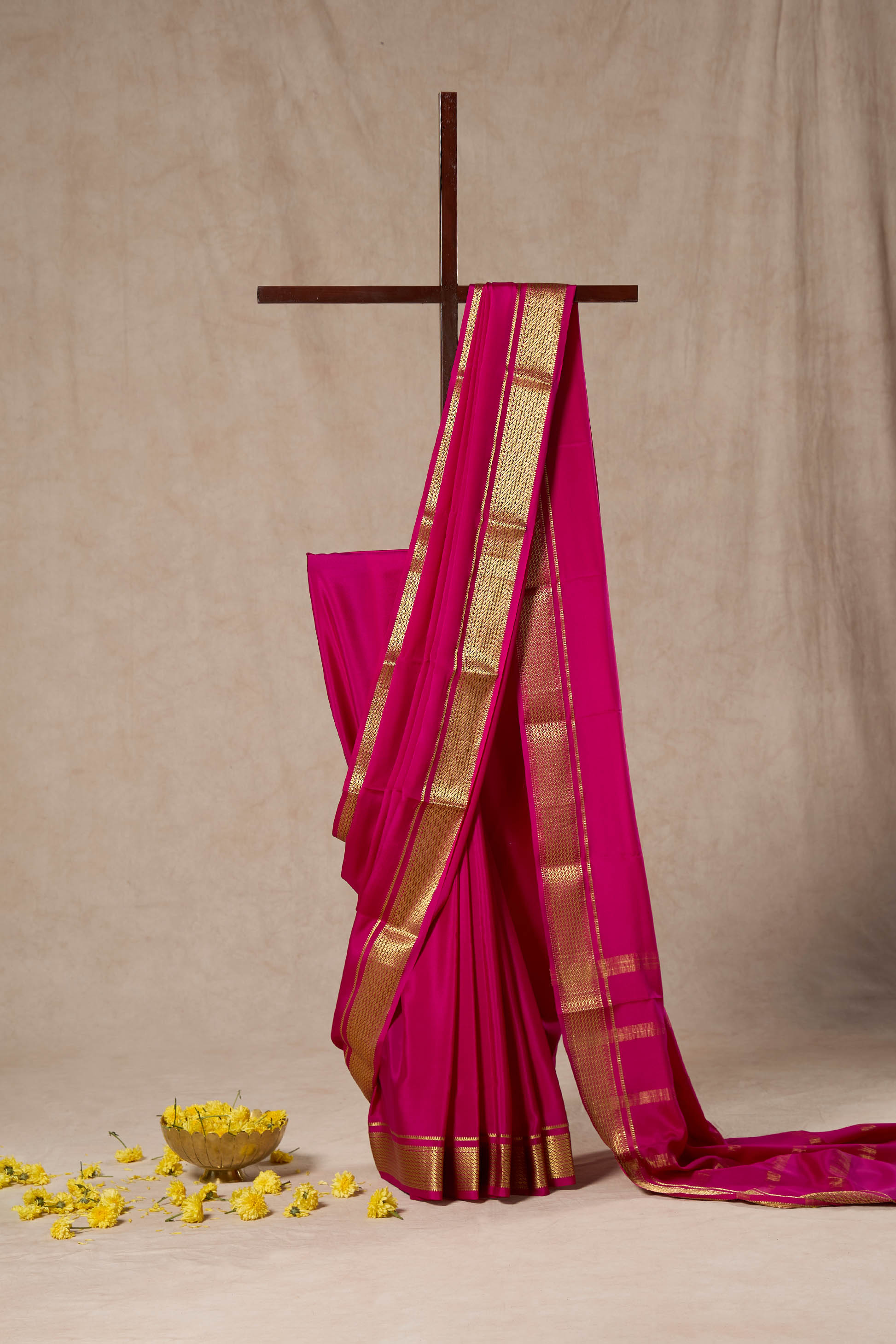 Pink Mysore Silk Saree With Intricate Border