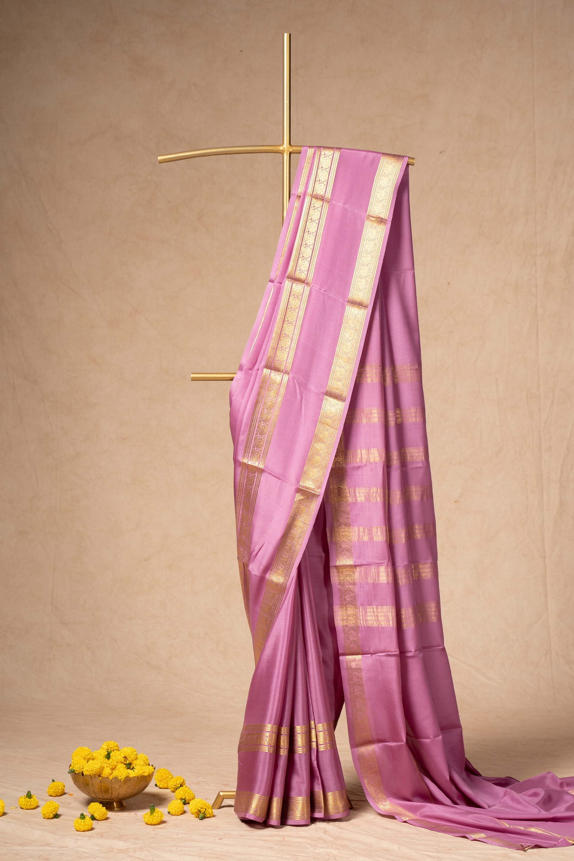 Lilac Mysore Silk Saree With Double Bentex Border