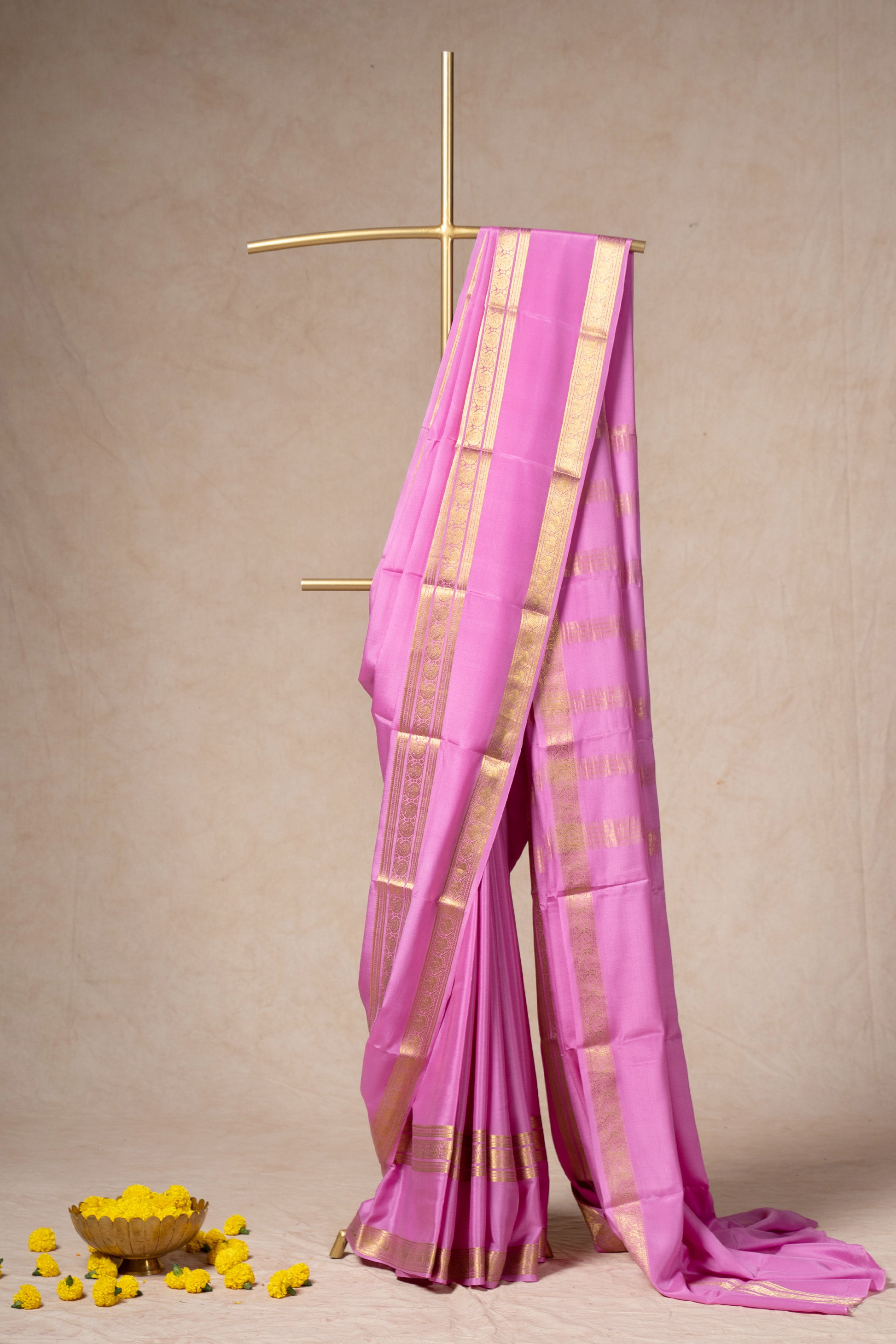 Pink Mysore Silk Saree With Intricate Double Border