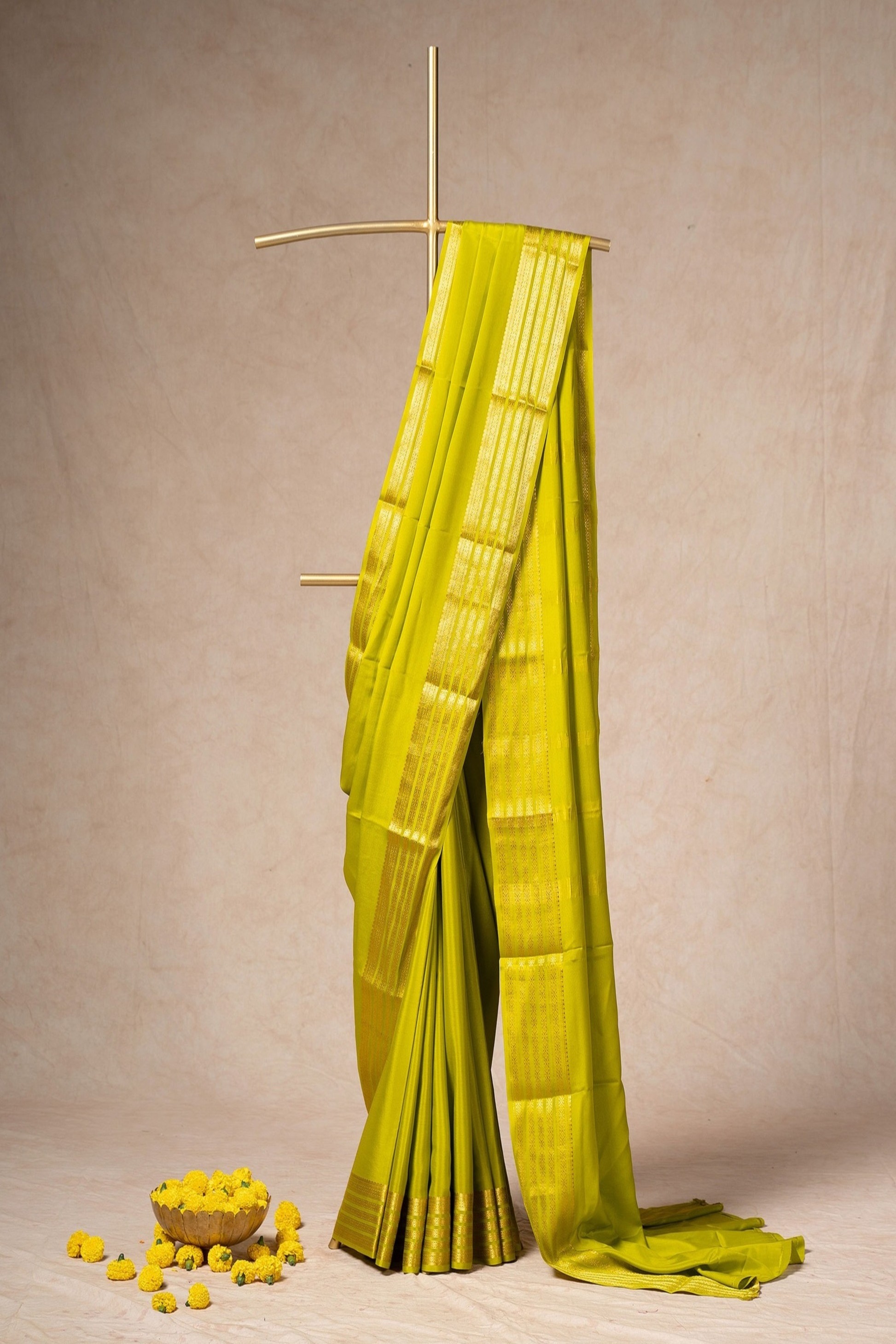 Yellow-Green Mysore Silk Saree With Rich Border