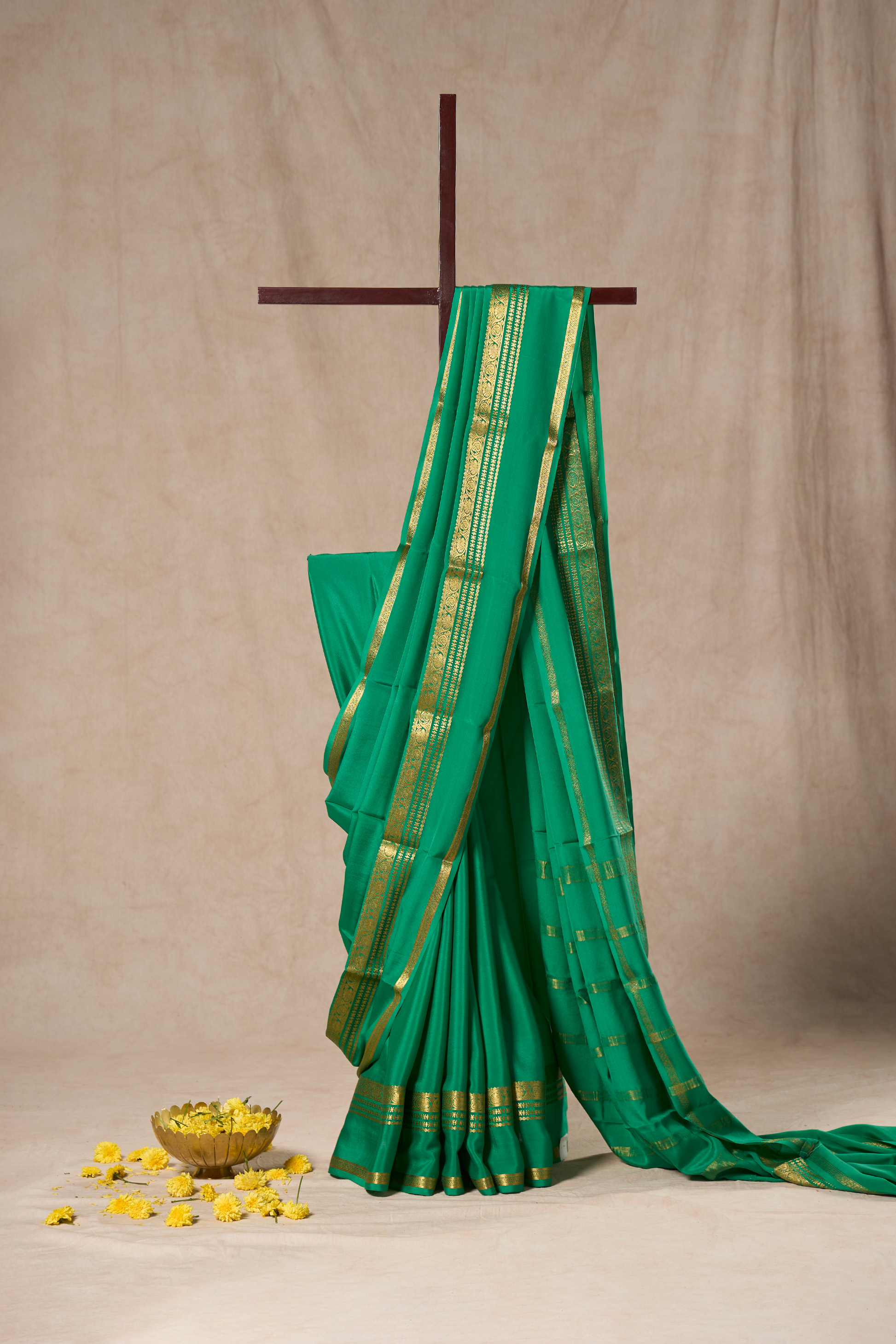 Sea Green Mysore Silk Saree With Double Border