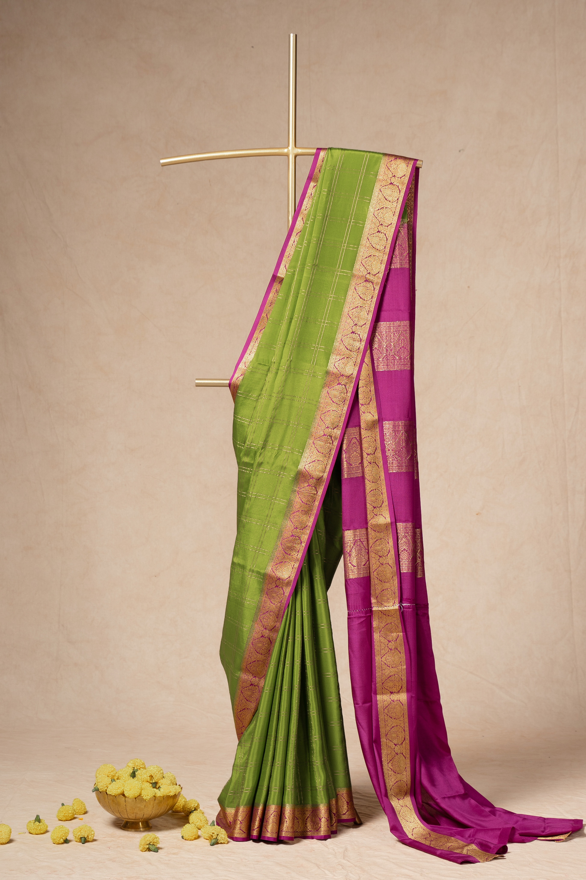 Light Green Mysore Silk Saree With All Over Checks