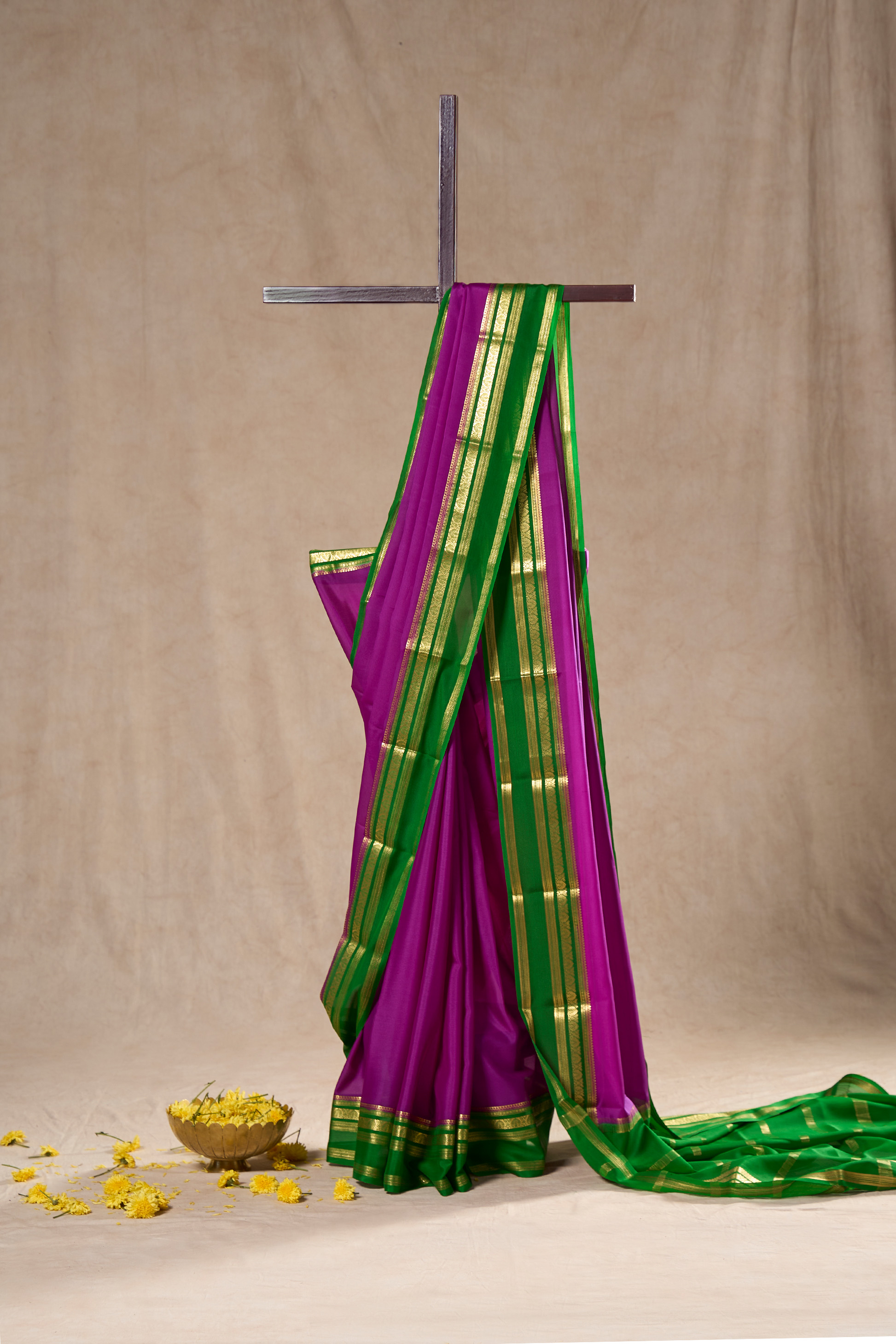 Purple Mysore Silk Saree With Contrast Border