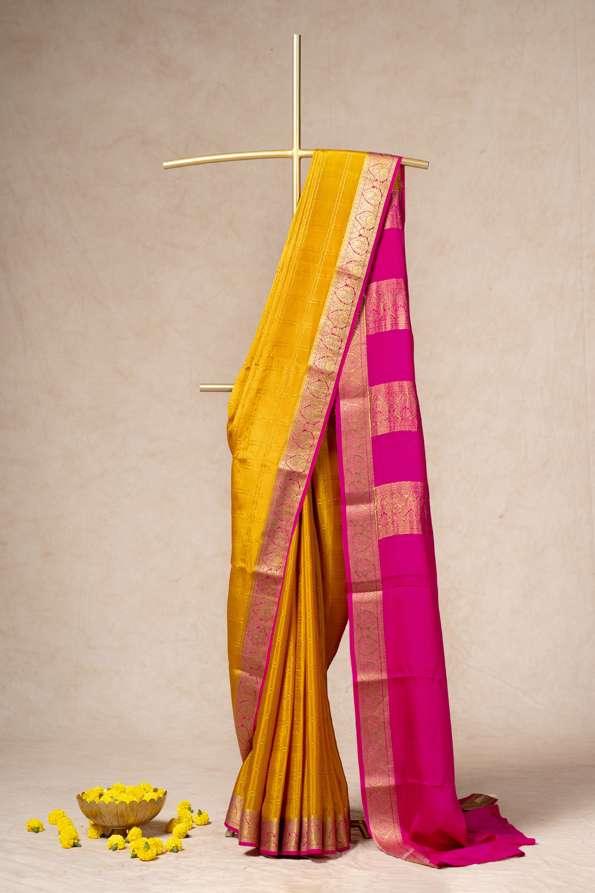 Yellow Mysore Silk Saree With Rich Pink Bentex Border
