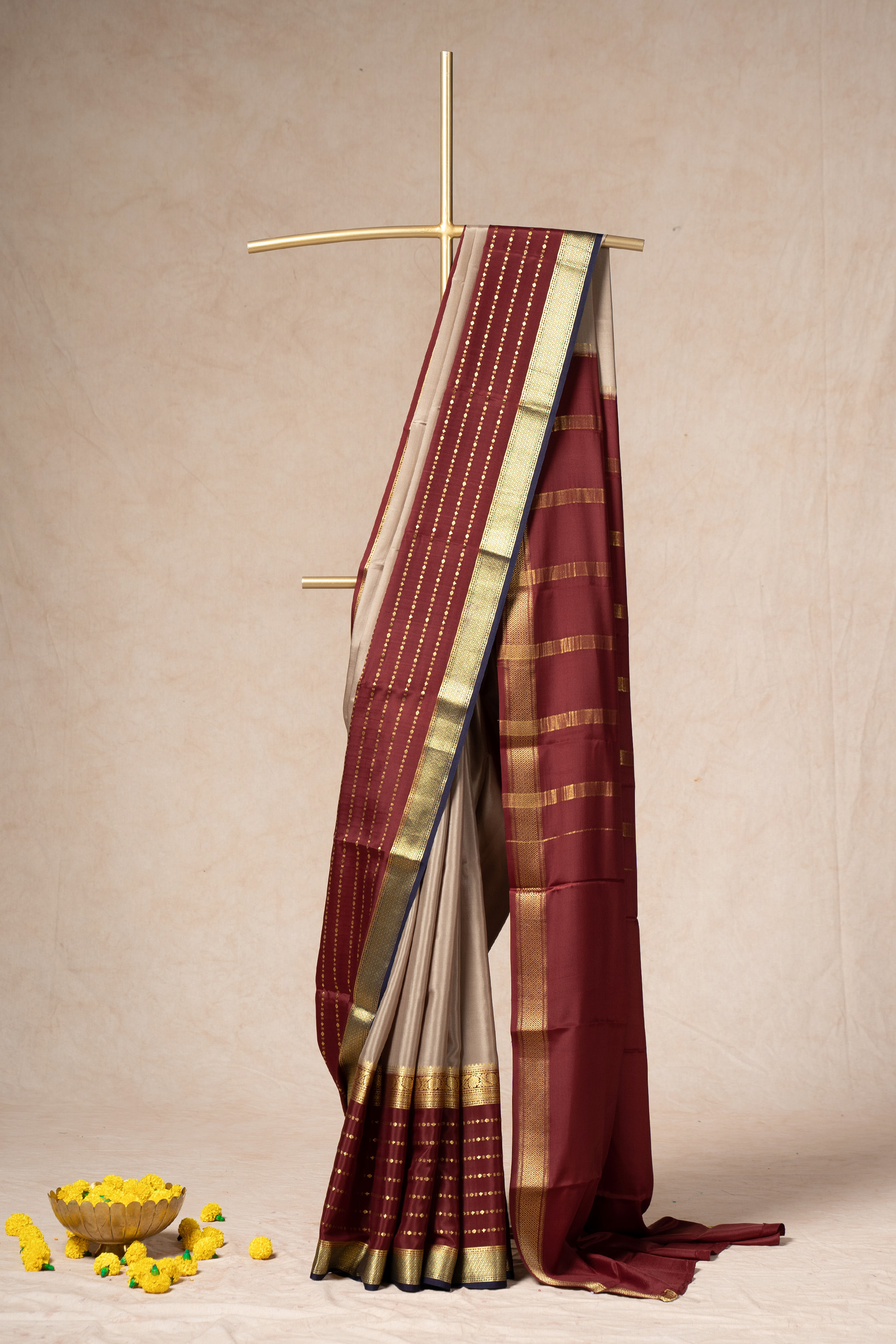 Rustic Brown Mysore Silk Saree With Understated Gold Border
