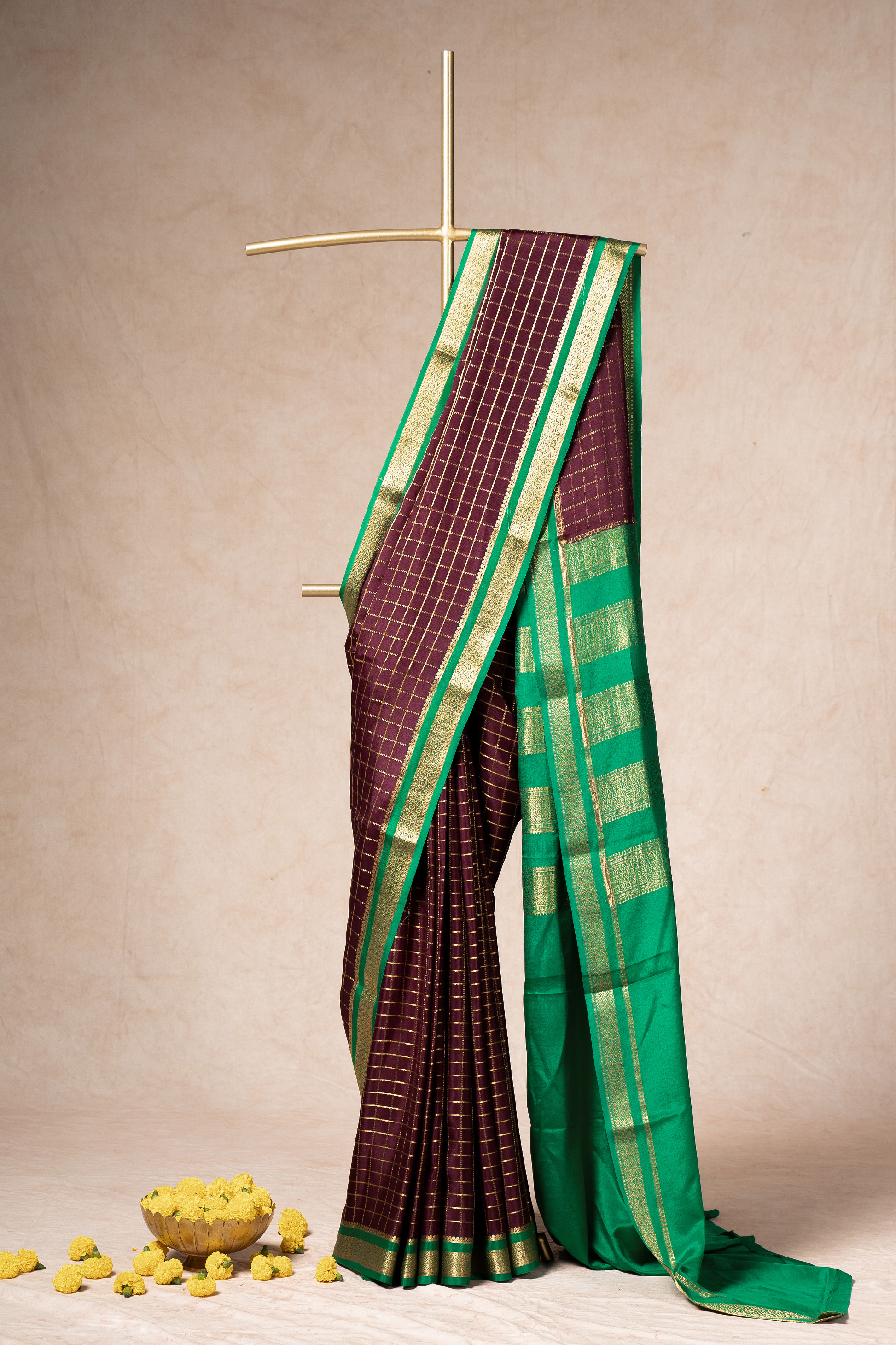 Deep Wine Mysore Silk Saree With Contrast Border And Pallu