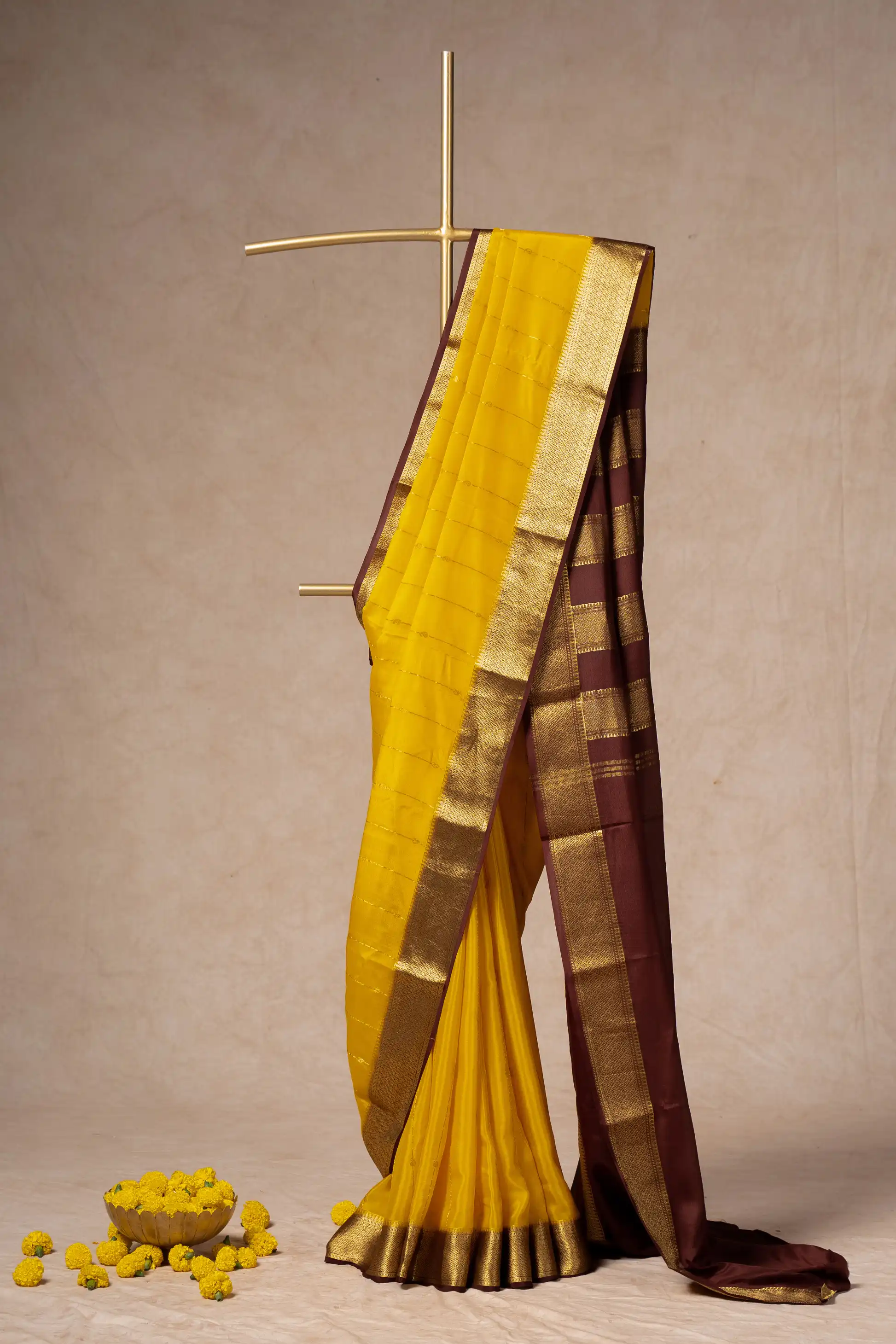 Yellow Mysore Silk Saree With All Over Stripes