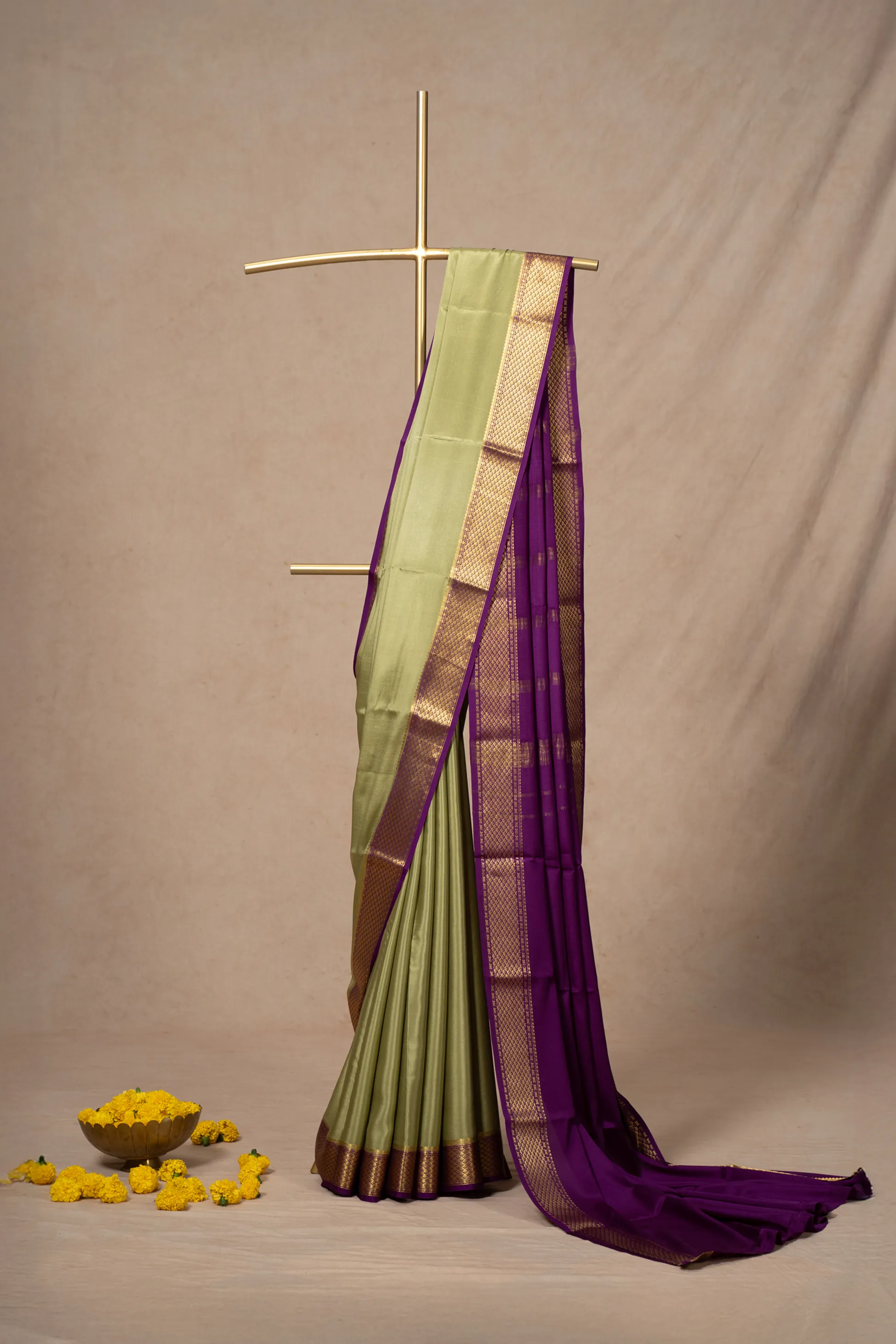 Pista Green Mysore Silk Saree With Deep Purple Border