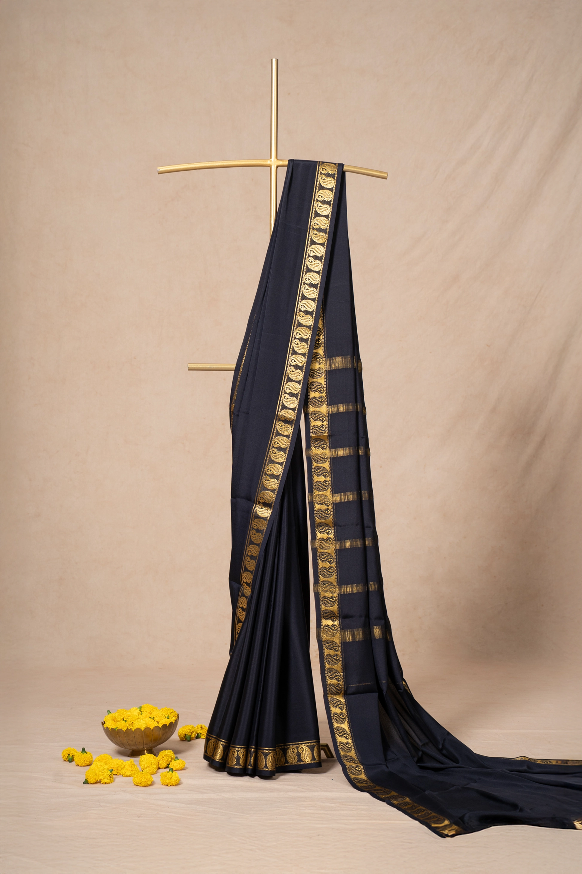 Dark Blue Mysore Silk Saree With mango Border