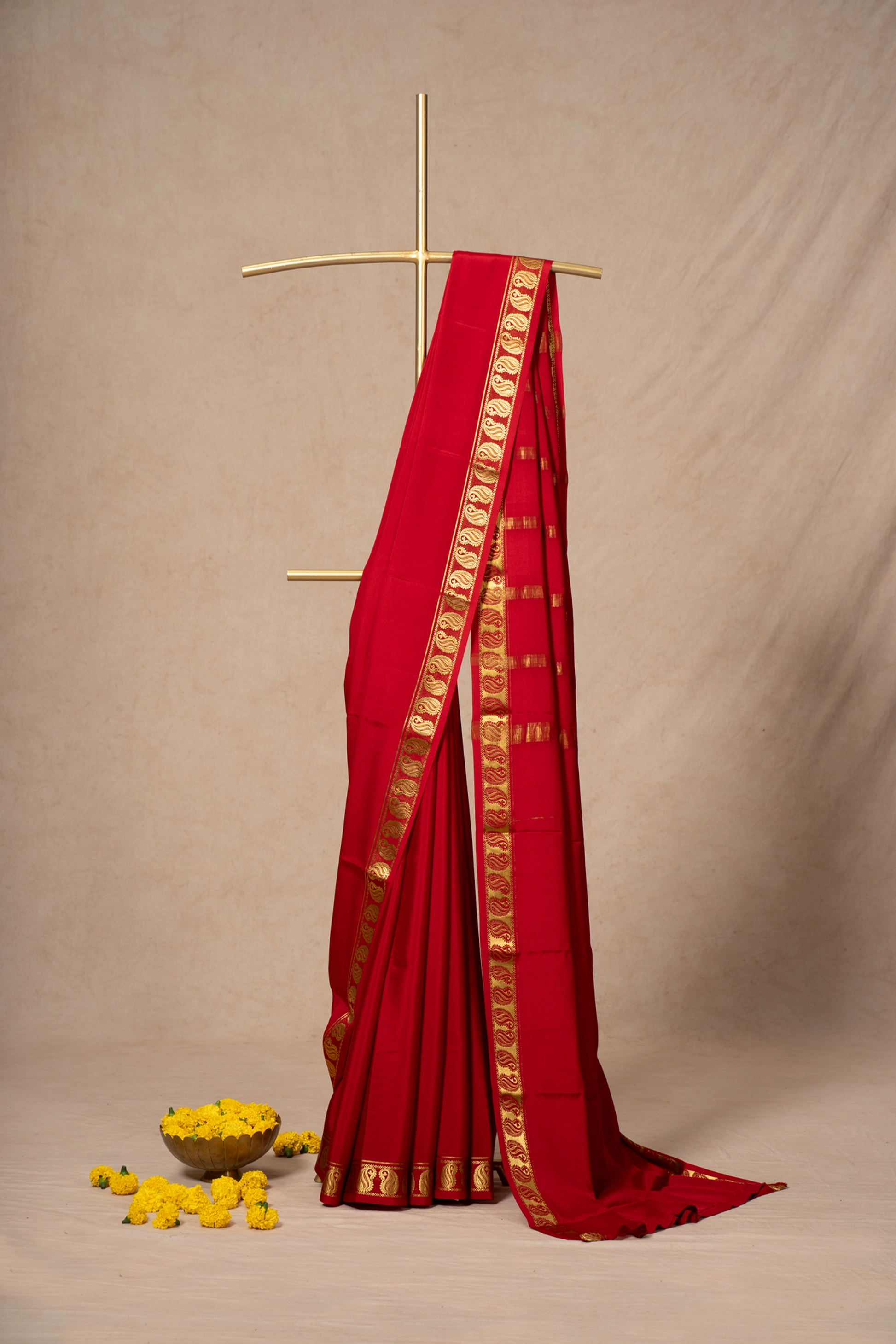 Red Mysore Silk Saree With mango Border