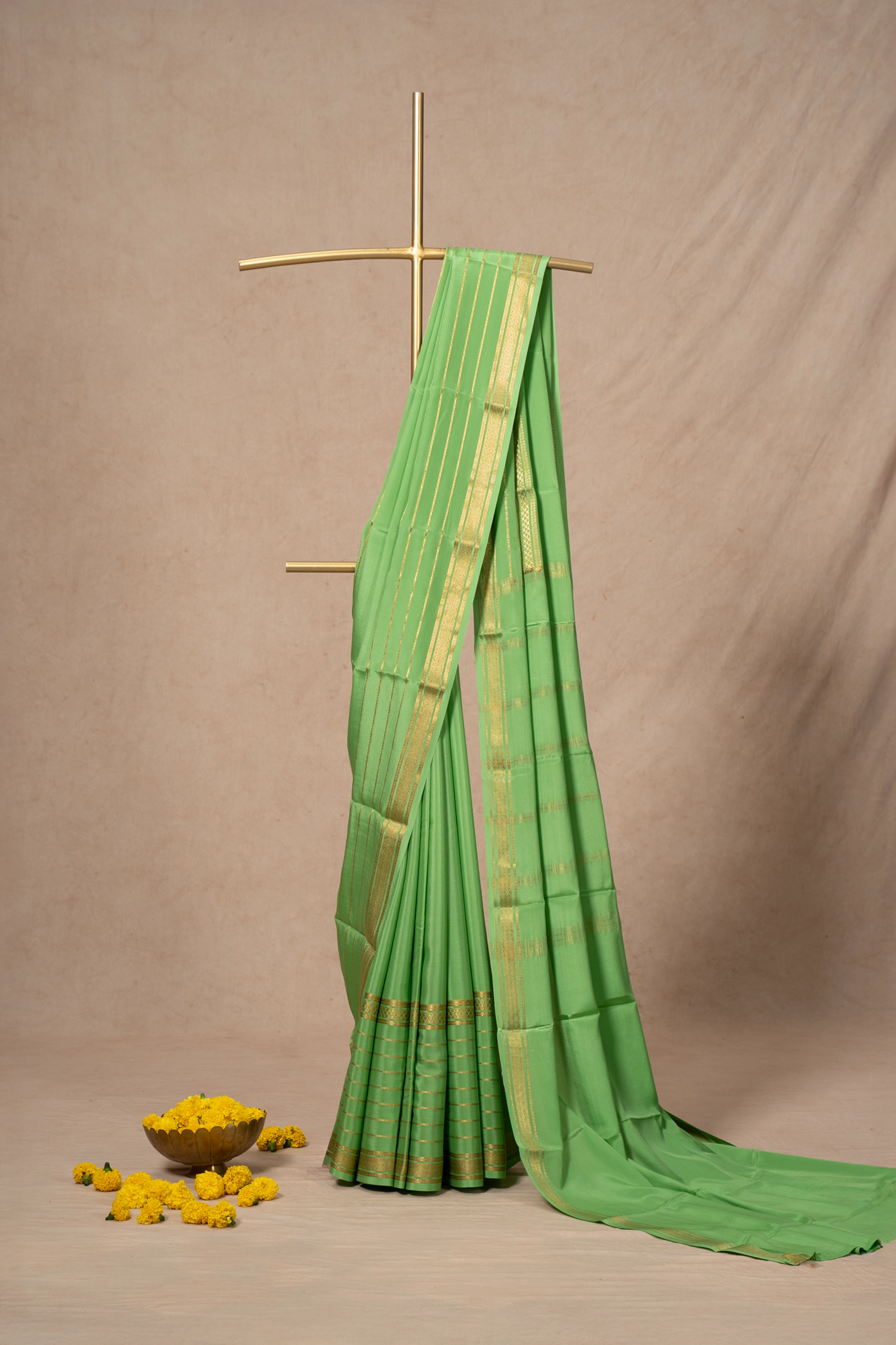 Pista Green Mysore Silk Saree With All Over Stripes