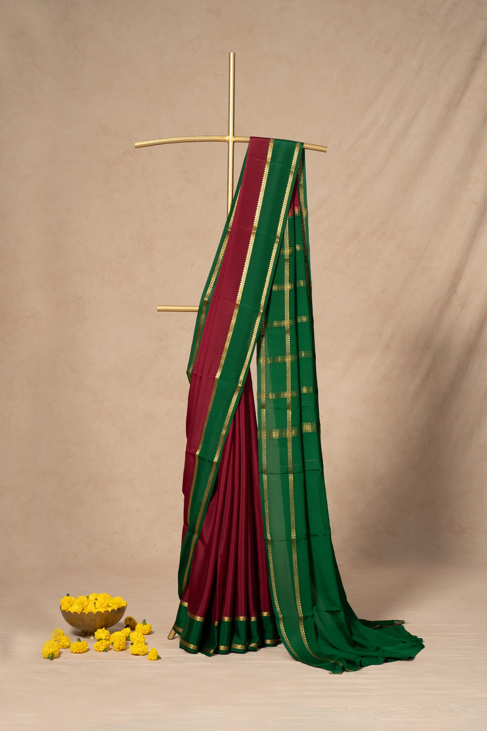 Maroon Mysore Silk Saree With Contrast Border