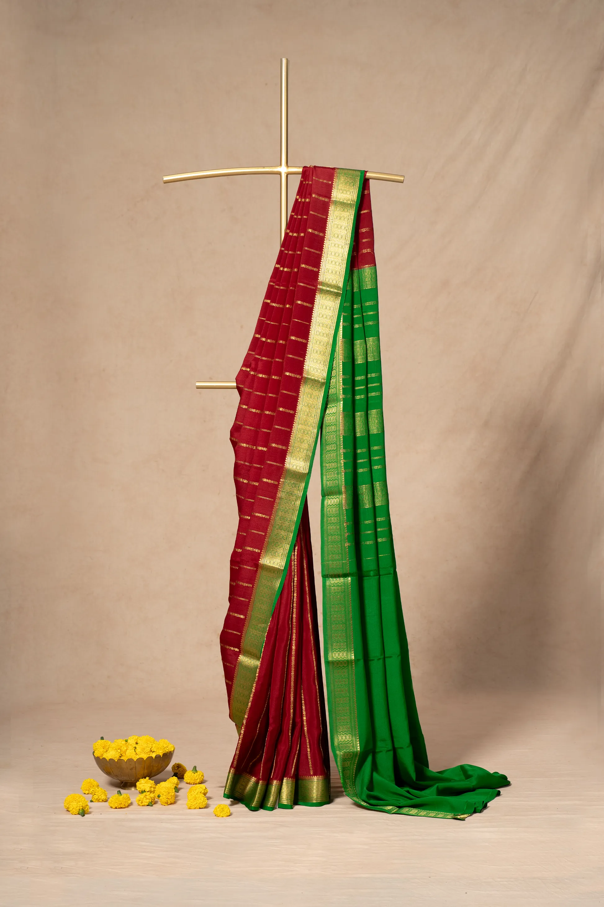 Maroon Mysore Silk Saree With Contrast Border and Pallu