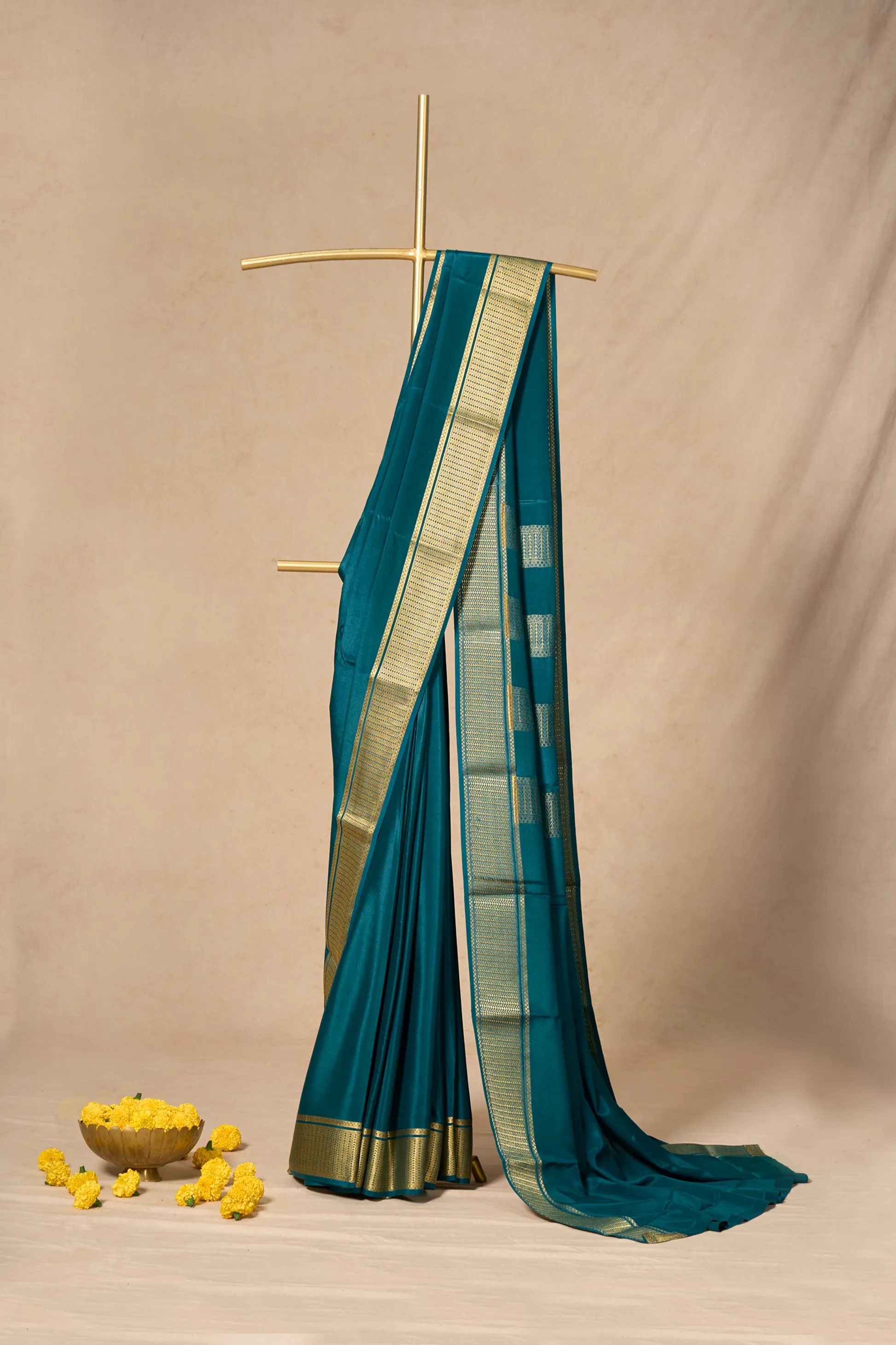 Teal Blue Mysore Silk Saree With Rich Border