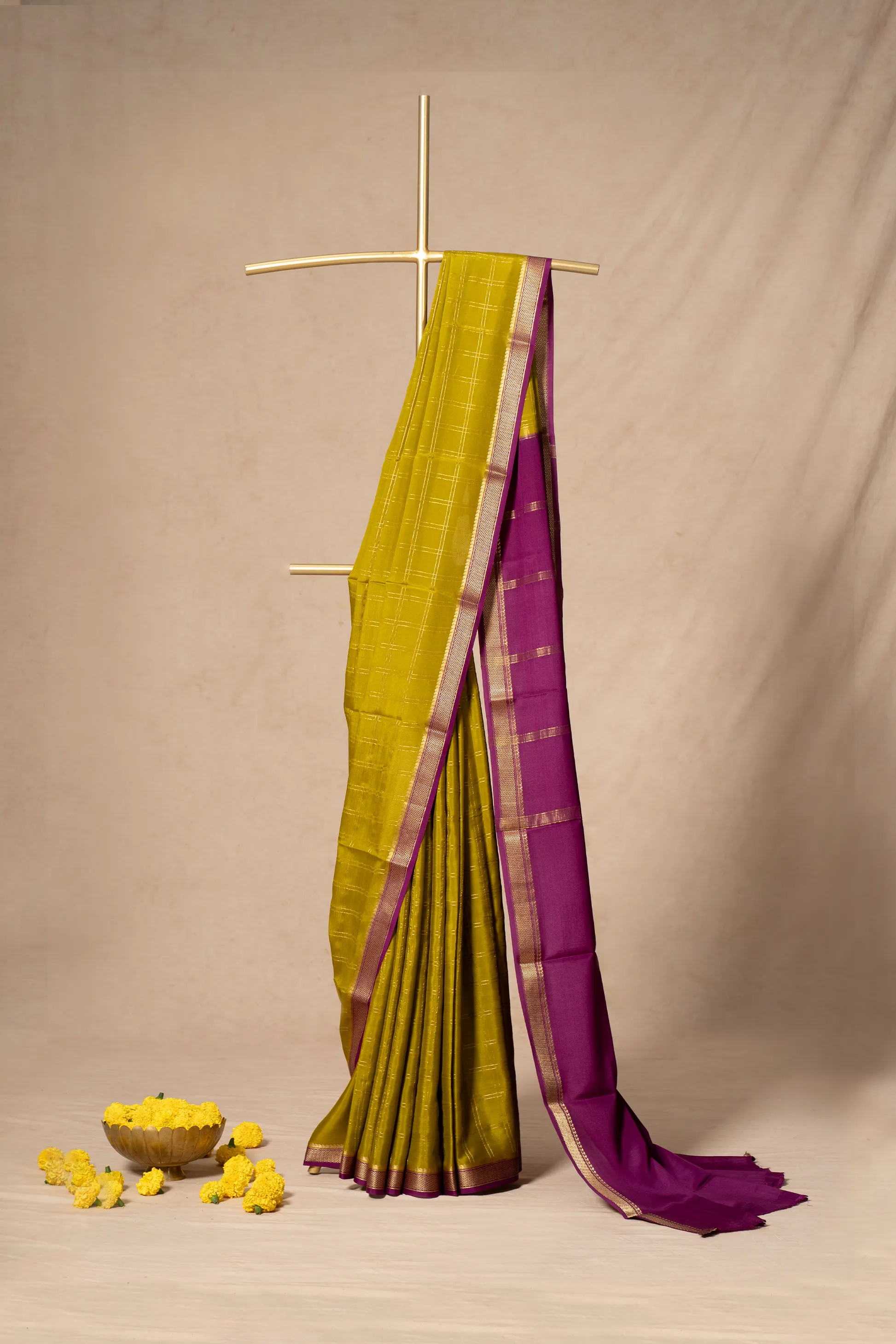 Yellow Green Mysore Silk Saree With Contrast Pallu