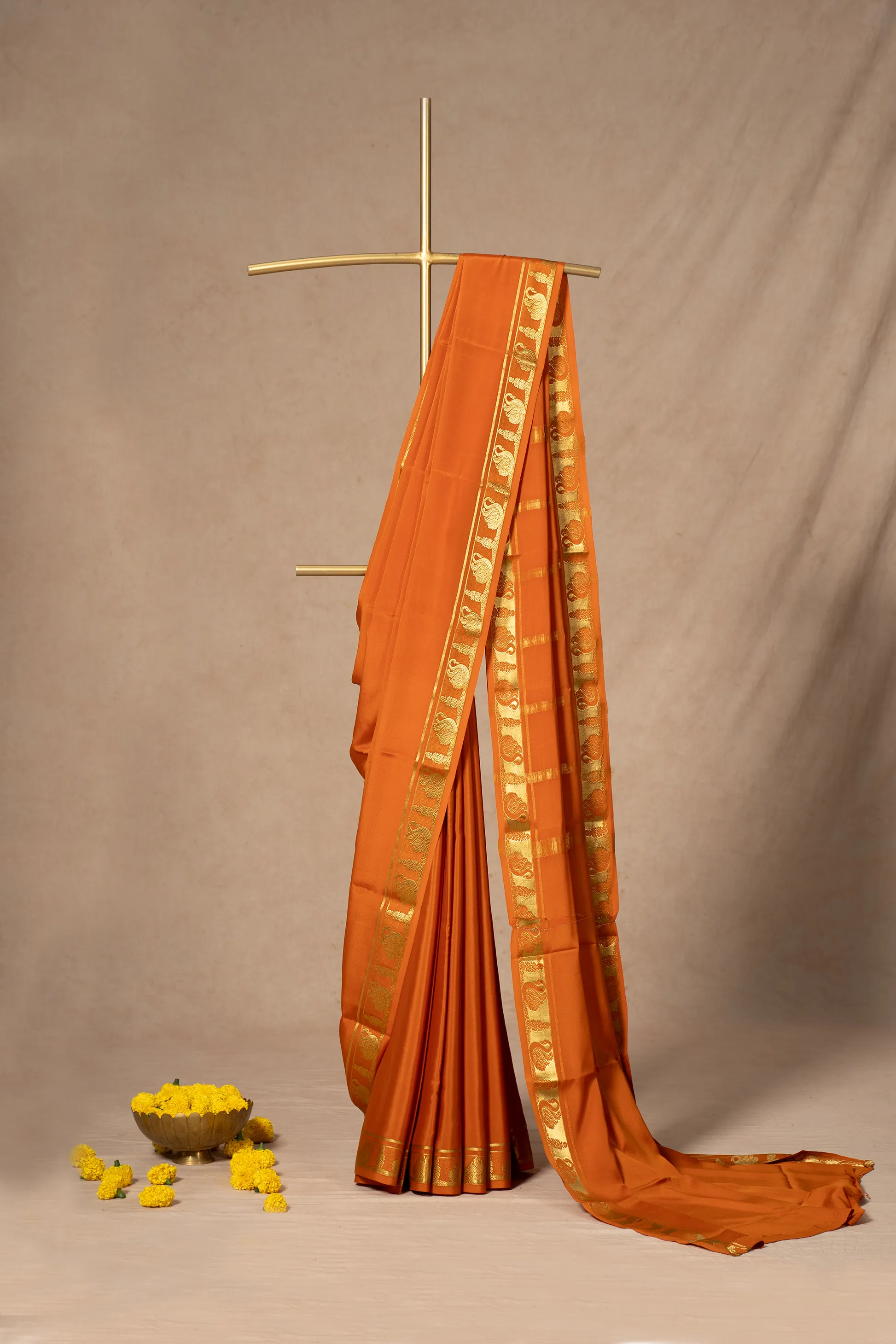 Rust Mysore Silk Saree With Peacock Border
